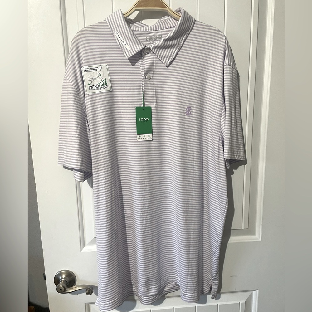 NWT IZOD Golf Polo Shirt Mens Stretch Swing Flex Short Sleeve Lavender Stripe XL